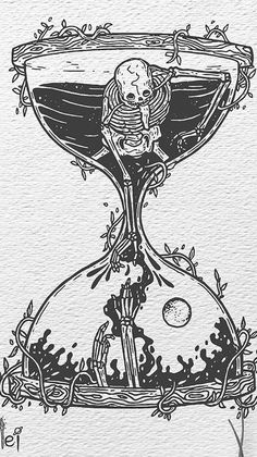 an hourglass with a skeleton in it and some plants growing out of the bottom