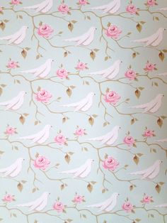 a wallpaper with pink roses and white birds on light blue background that has gold trim