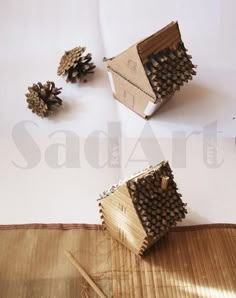 three pine cones are placed on top of a piece of paper with holes in it