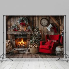 a living room with a fireplace and christmas decorations on the wall next to a red chair