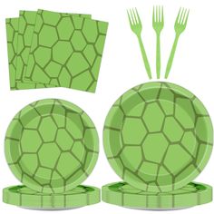 a set of green plates with forks and spoons