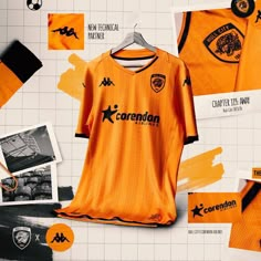 an orange soccer jersey with black and white graphics on it, surrounded by other sports related items