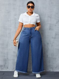 Plus Size Loose Wide Leg Boyfriend Jeans With Raw Hem Medium Wash    Denim Plain Wide Leg Non-Stretch  Women Plus Clothing, size features are:Bust: ,Length: ,Sleeve Length: Wide Leg Plus Size Jeans, Wide Leg Jeans Plus Size, Wide Leg Pants Plus Size, Loose Wide Leg Pants, Fashionable Outfits, Plus Size Pants, Jeans Outfit, Pantalon Large, Plus Size Jeans