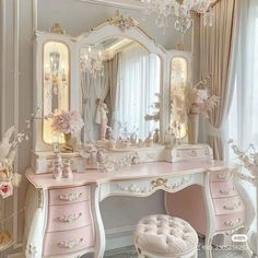 a white dressing table with a pink vanity and stool next to a large mirror on the wall