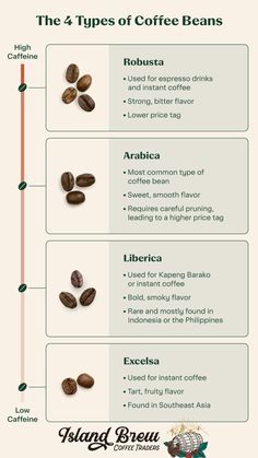 the four types of coffee beans are shown in this infographle, which shows how they