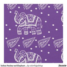 an elephant and two elephants on a purple background with white polka dotes in the shape of leaves