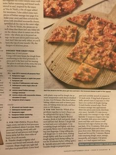 an article in the news about pizzas and other foods on a wooden board with text