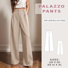 Digital sewing pattern for palazzo pants ✔️ US Sizes: 2, 4, 6, 8, 10, 12, 14, 16, 18, 20, 22, 24, 26, 28, 30 ✔️ Standard sizes: XS, S, M, L, XL, 2XL, 3XL, 4XL/5XL ✔️These templates are suitable for A4, A0 and US Letter size paper. When you purchase this pattern, you will receive a digital (pdf) sewing pattern and instructions. Once your payment processes, you will automatically receive a download links of pattern files. If you have any problem accessing the files, please don't hesitate to contac Pattern Pants Women, Sewing Patterns Trousers, Palazzo Pants Sewing Pattern, Pants Pattern Sewing, Dress Pants Pattern, Pattern Palazzo Pants, Sewing Pattern Pants, Women Sewing Patterns, Palazzo Pants Pattern