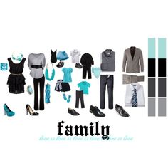 a group of clothes and shoes with the word family written below them in black, white, blue, and grey