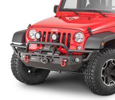 the front view of a red jeep on a white background