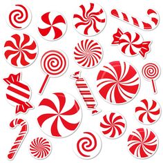 red and white candies stickers are arranged on a white background, including one large lollipop