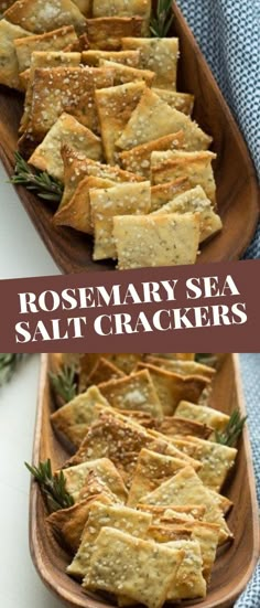 rosemary sea salt crackers on a wooden platter