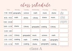 the class schedule is shown in pink and white