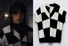 a black and white checkered sweater is shown next to an image of a woman