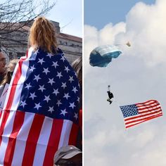 two pictures with people flying kites in the sky and an american flag draped over them