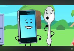 a cartoon character holding a spoon and cell phone in front of an image of a refrigerator