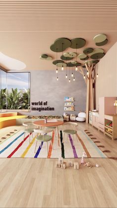 the interior of a modern living room with colorful rugs