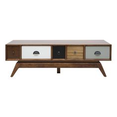 the sideboard with drawers is made from wood and has two white drawers on one end