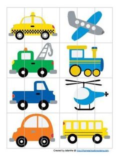 a cross stitch pattern with cars, trucks and planes on it's squares in different colors