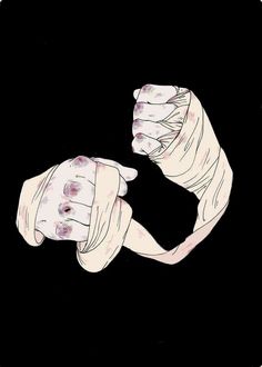 a drawing of two hands with bandages wrapped around their wrists, one holding the other's arm