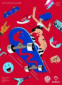 a woman riding a skateboard on top of a blue and red board with other items around her