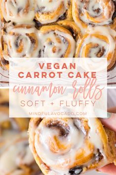 vegan carrot cake cinnamon rolls soft and fluffy on a plate with text overlay