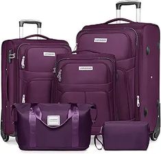 Expandable Softside Luggage Sets: 5 piece set includes 20" carry on suitcase, a 24" checked medium luggage, a 28" checked large luggage, a travel duffel bag and a toiletry bag, can be conveniently stored one into another. Expansion zipper that adds 25% more space (only for 24/28" suitcase and duffel bag)  Premium Suitcase Set: Soft shell luggage is crafted from premium quilted lightweight and durable 1680D polyester fabric exterior which resists stains and abrasions. Additionally, its anti-wear edge design ensures long-lasting usage, making it a reliable choice for all your travel needs Travel Box, Adjustable Bag, Childrens Backpacks