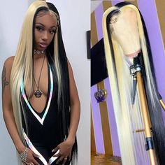 Half Black Half Blonde Wig Human Hair Lace Front Wigs Black Wig With Blonde Streaks, Black With Blonde Highlights, Blonde Streak, Hair Minimal, Black To Blonde Hair, Wigs Blonde, Platinum Blonde Highlights, Black Wigs, Blonde Streaks