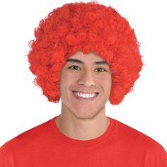 Who dipped you in red crazy sports fan? Our Afro Wigs gives you the curls you've always wanted in a dandelion puff of flaming hair. An elasticized cap keeps this wig on tight no matter what the weather or score. pbAfro Wig product details:-p-b ul li100#37; synthetic fiber -li liOne size fits most-li -ul Colored Wig Party, Orange Curly Wig, Wigs Party, Red Curly Wig, Red Afro, Flame Hair, Dandelion Puffs, Afro Wig, Fiber One