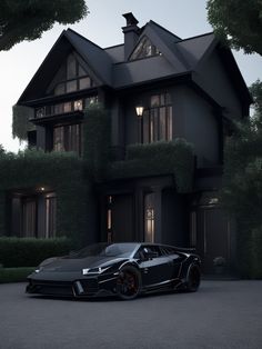 a black sports car parked in front of a large house with ivy growing on the windows