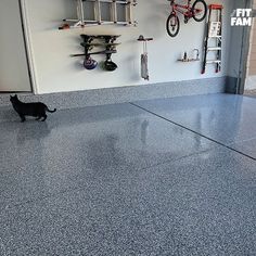 a black cat walking across a garage floor next to a bike rack with bicycles on it