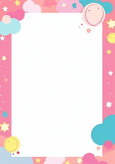 a pink and blue background with stars, clouds, and a white square in the middle