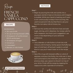 the recipe for french vanilla cappuccino is shown in this graphic style, with instructions on how to make it