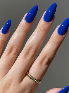 Acrylic Nails Blue Simple, Almond Nails Single Color, Bright Royal Blue Nails, Full Blue Nails, Medium Blue Nails, Plain Blue Nails, Blue Nails For Prom, Solid Color Almond Nails, Nails Almond Blue