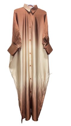 Brown Ombre Button-Down Maxi Dress | Handmade Loose Fit Kaftan | Boho Long Shirt Dress | Vintage-Inspired Loungewear | Gift for Her | Eid | Modest | Abaya Loose Satin Dress, Summer Silk Dress With Button Closure, Silk Summer Dress With Button Closure, Long Beige Shirt Dress, Elegant Brown Thobe For Eid, Silk Button-up Summer Dresses, Brown Bohemian Long Thobe, Elegant Brown Long Sleeve Thobe, Luxury Elegant Brown Abaya