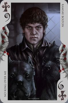 game of thrones card with the image of jon snow and two dogs in front of him