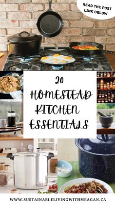 the words, 20 homestap kitchen essentials are shown