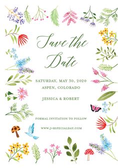 a wedding card with colorful flowers and butterflies in the center, on white paper that says save the date