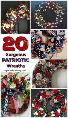 patriotic wreaths with red, white and blue flowers are featured in this collage