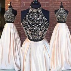 Never Worn Two Piece Gown Dress Beaded Long Prom Dresses Cheap, Prom Dresses Cheap, High Neck Prom Dress, Cheap Prom Dresses Long, Prom Dresses 2019, Cheap Evening Dresses, Prom Dresses Two Piece, Military Ball, Dresses Cheap