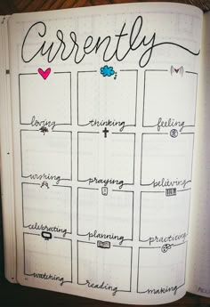 Monthly "currently" tracker bullet journal  Lifeline Bullet Journals by Karen Fritsche Bujo Currently Page, Bullet Journal Filler Pages, Fun Bullet Journal Ideas, Bullet Journal Pages, Tracker Bullet Journal, Bullet Journal Mood, Bullet Journal Aesthetic, Bullet Journal Notebook