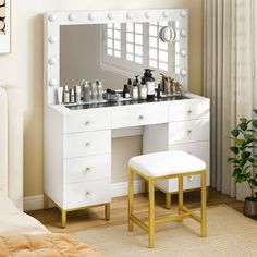 a bedroom with a vanity, stool and mirror