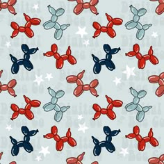 red, white and blue balloons are flying in the air on a gray background with stars