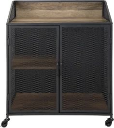 an industrial style cabinet with two shelves and wheels on casteors, the doors are open