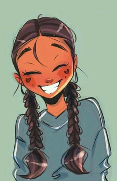 a drawing of a girl with long braids smiling and looking at the camera while wearing a blue shirt