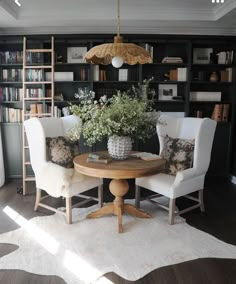 two chairs and a table in a room with bookshelves