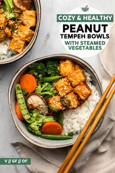 two bowls filled with meat and vegetables next to chopsticks