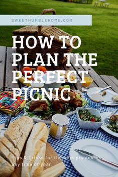 Blue and white checkered tablecloth on a picnic bench with salad, breads, white plates, and drinks. A wicker picnic basket is on the table. How To Plan A Picnic, Picnic In The Park Ideas, Picnic Set Up, Picnic Tips, Planning A Picnic, Drink Games, Gourmet Picnic