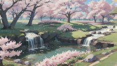 a painting of a waterfall and trees with pink flowers