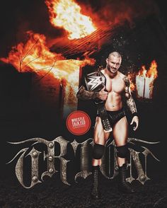 a man holding a wrestling glove standing in front of a burning house with the word crown on it